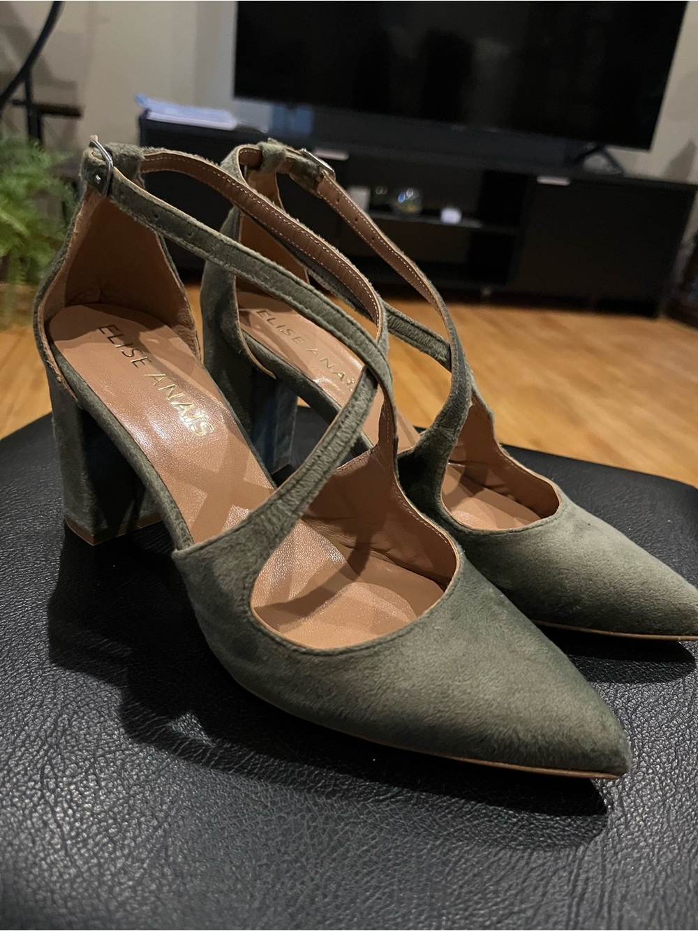 ELISE ANAIS Olive Green Crisscross Block Heel Pumps